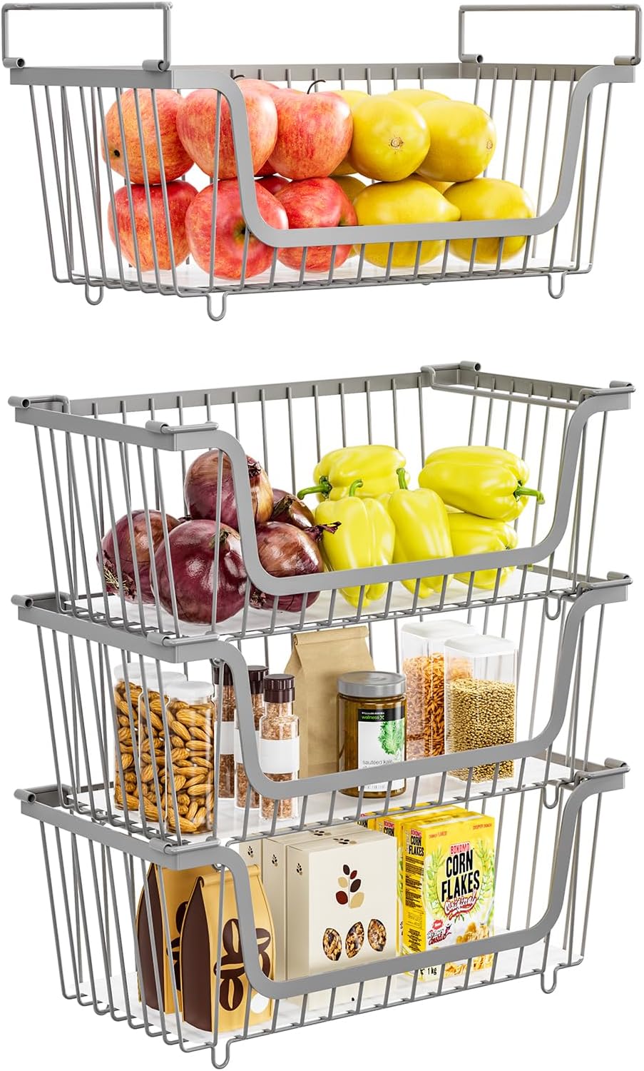 4 Pcs Stackable Wire Baskets for Pantry Organizers and Storage,Kitchen Storage Metal Baskets,Produce Potato Onion Storage Bin,Vegetable Fruit Basket for Countertop,Black