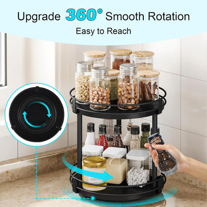 Snughome Rotating Spice Rack, 2 Tier Lazy Susan Organizer, Wood Kitchen Countertop Organizer, Brown Lazy Susan Turntable for Cabinet, 10.2" x 10.2" x 10.4"