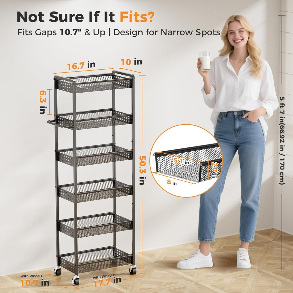 5 Tier Kitchen Storage Cart with Wheels, Utility Fruit Vegetable Storage Rack Stand with Pull-Out Baskets & Wood Top, Metal 4-Drawers Rolling Snack Cart, Kitchen Cart for Potato Onion(Black)