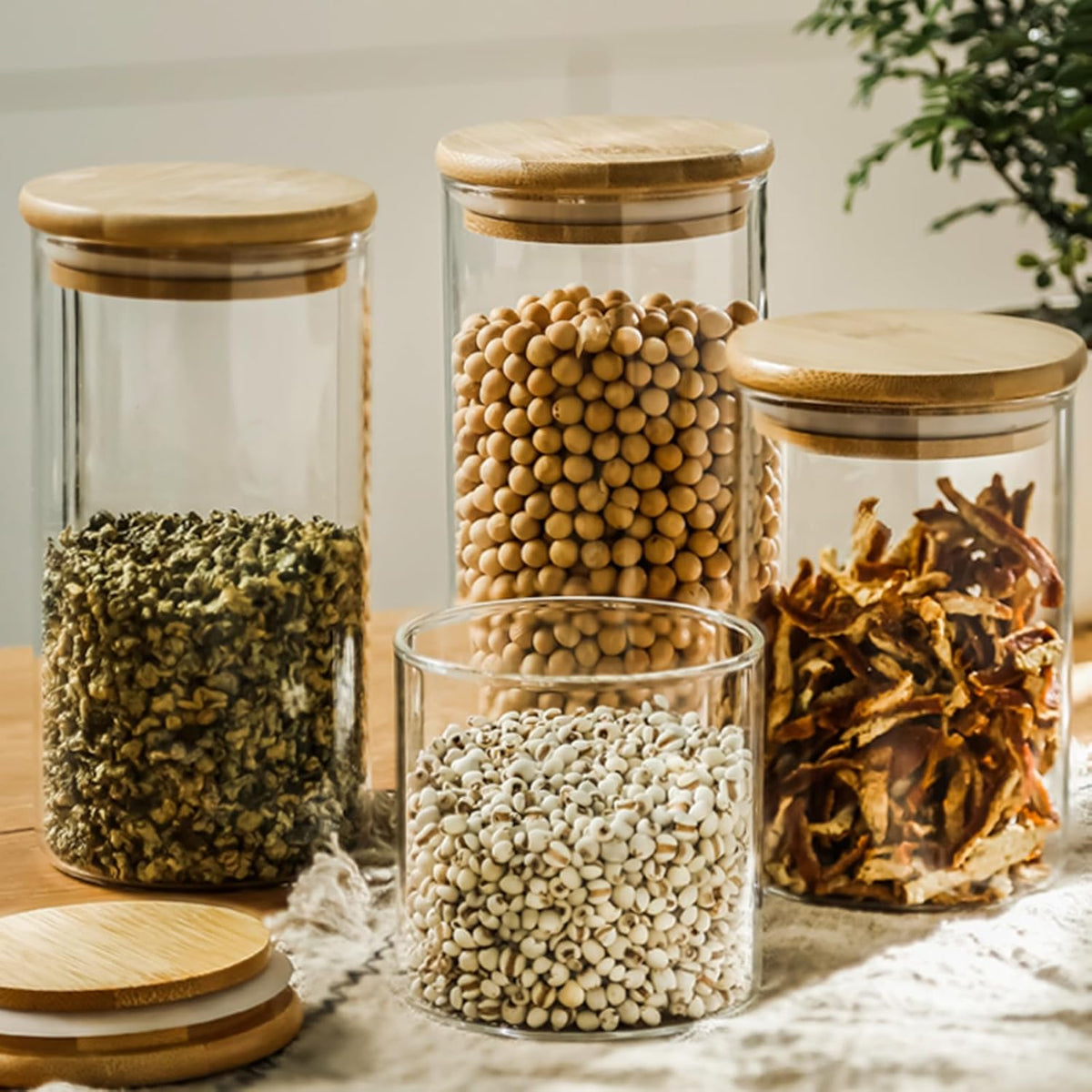 SHOWIN Glass Food Storage Jars Square 37oz, 4 Pack Glass Jars With Bamboo Lids, Kitchen Storage Containers For Spice, Candy, Cookie, Storage For Pantry Organizers
