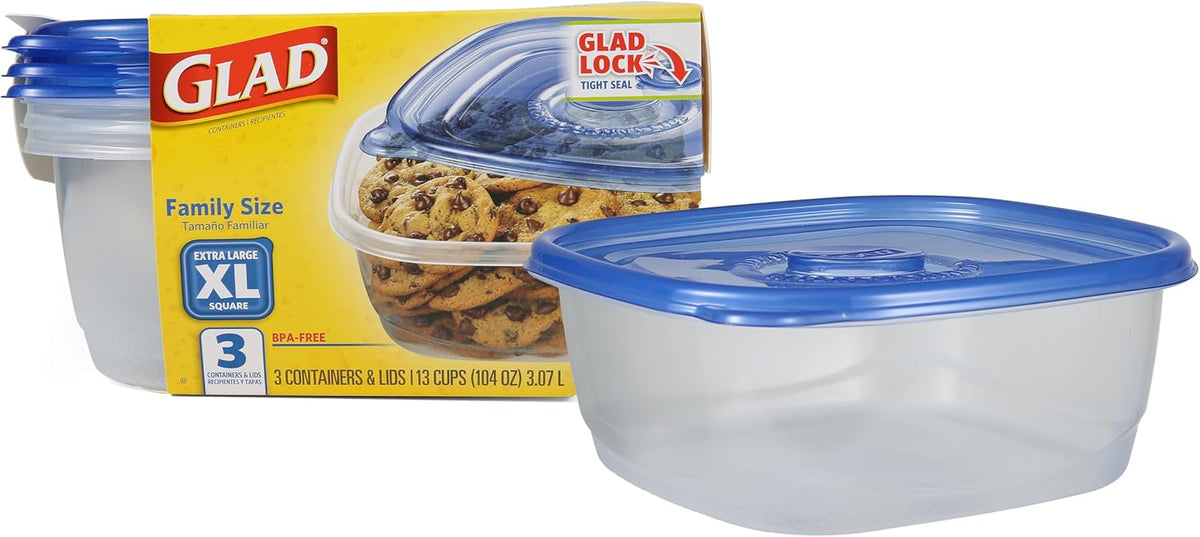 Glad GladWare XL Square Food Storage Containers with Lock Tight Lids, BPA-Free Family Size Plastic Containers for Leftovers, Meal Prep, and Freezer Storage, Dishwasher Safe, 104 Oz