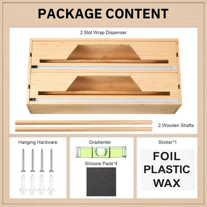 Wesiti 18 Inch Large Plastic Wrap Organizer & Dispenser with Cutter 2 in 1 Aluminum Foil Saran Wrap Butcher Parchment Paper Dispenser Bamboo Wall Mount Tin Wax Cling Organizer for Kitchen Countertop
