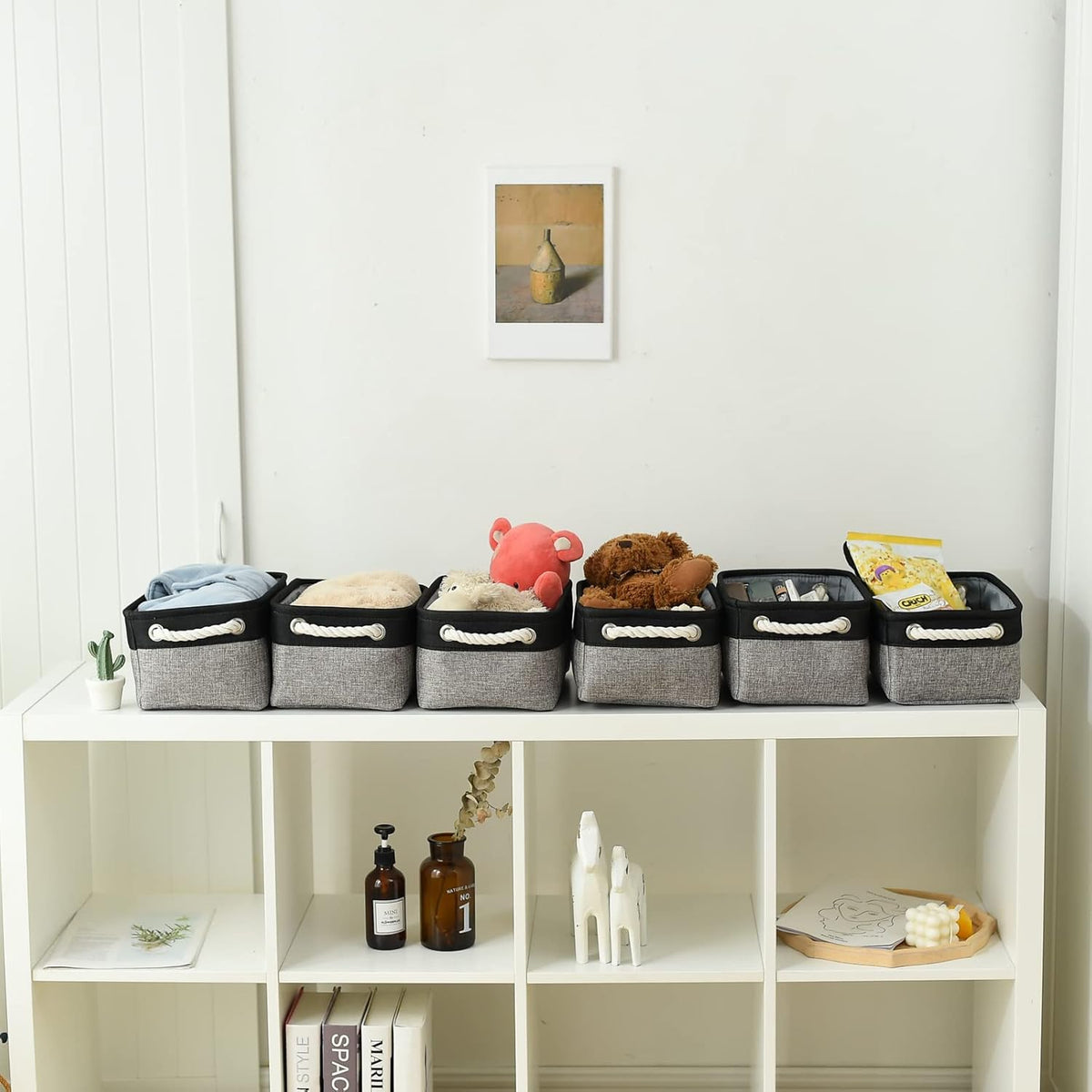 Fabric Storage Bins 12x8x5 inch [6-Pack] with Rope Handles - Decorative Baskets for Organizing