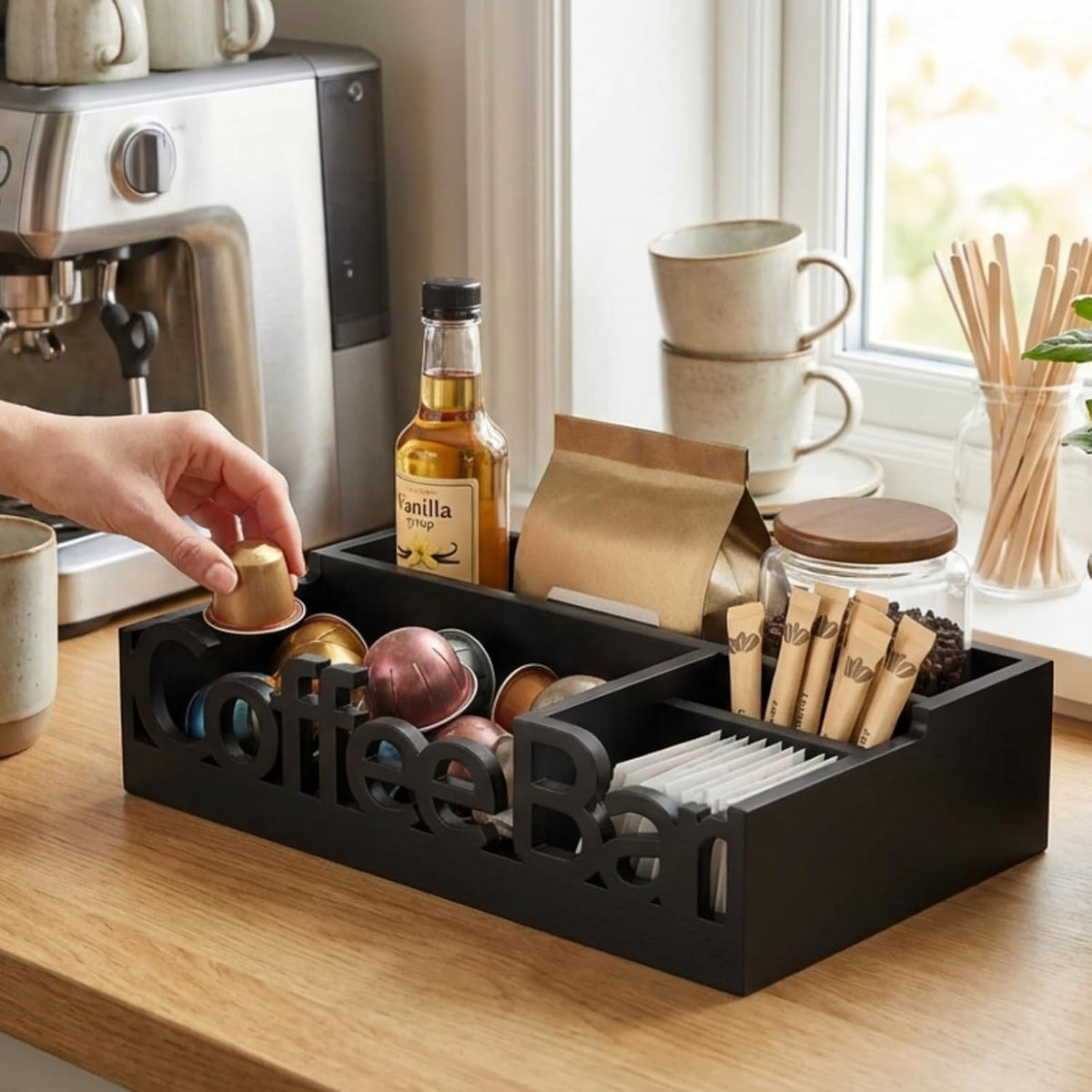 Coffee Bar Organizer for Countertop – Wooden Coffee Caddy with Compartments for Pods, Sugar Packets, and Accessories – Coffee Condiment Station Storage for Home and Office (Black)