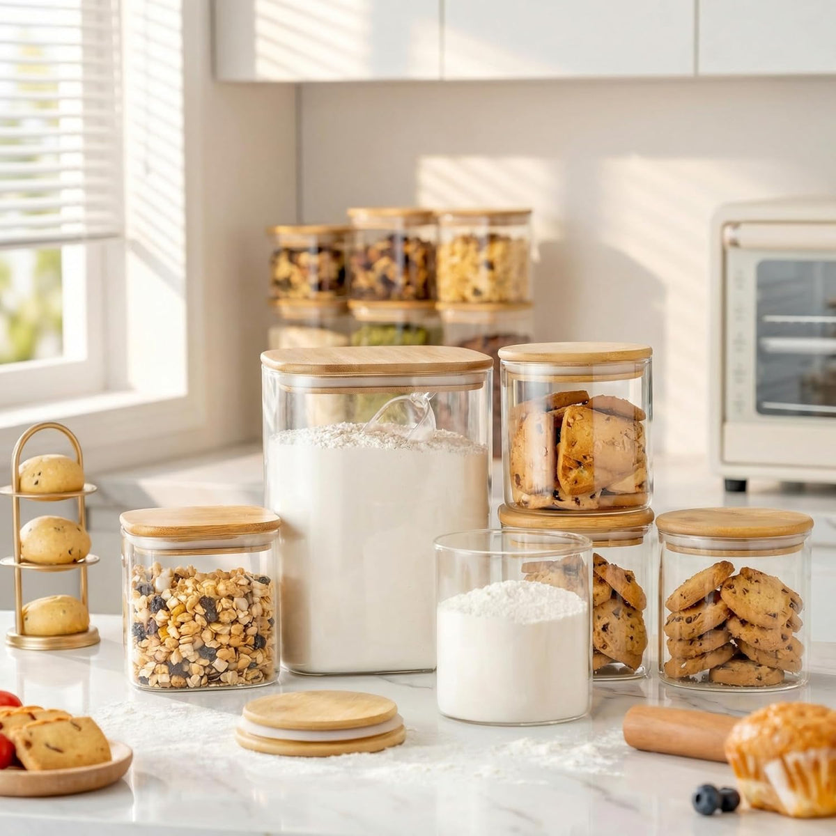 Extra Large Square Glass Flour & Sugar Storage Containers with Airtight Lids, 168 floz - Glass Jars with Bamboo Lids for Pantry, Air tight Food Storage Containers for Cereal, Pasta, Rice