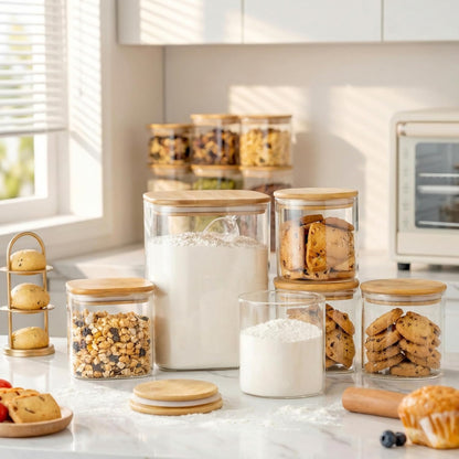 Extra Large Square Glass Flour & Sugar Storage Containers with Airtight Lids, 168 floz - Glass Jars with Bamboo Lids for Pantry, Air tight Food Storage Containers for Cereal, Pasta, Rice