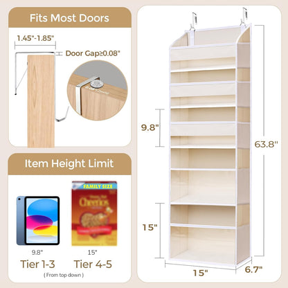 5 Tiers Over the Door Organizer with 10 Mesh Side Pockets, 44 lbs Weight Capacity Closet Hanging Storage Organizer with Large Clear Window Kids Toys, Shoes, Diapers, Beige