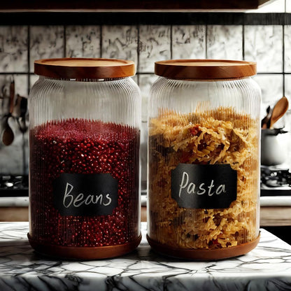 SAIOOL 2-Pack Striped Borosilicate Glass Airtight Canisters - Big mouth Large Capacity, Acacia Wood Lid, Food Storage Jars for Flour, Pasta, Pantry Organization (1/2 Gallon （Yellow Press lid 2 pack）)