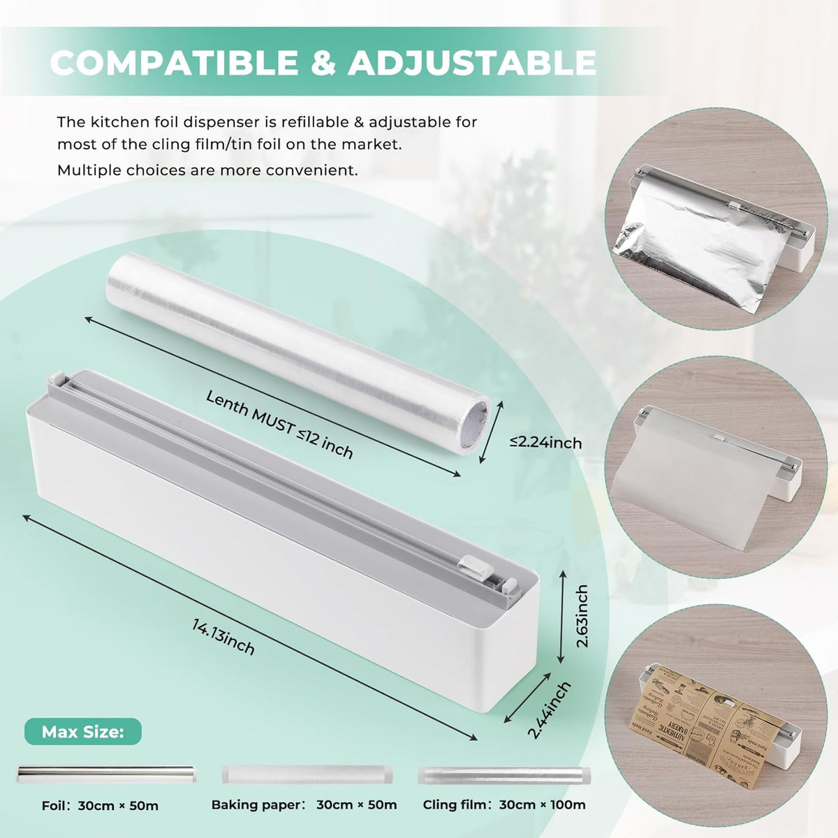 Magnetic Plastic Wrap Dispenser with Cutter - Practical Refillable Aluminum Tin Foil and Plastic Wrap Organizer for Drawer, Including an Extra Roll of 12"X 164' Food Cling Film - Black