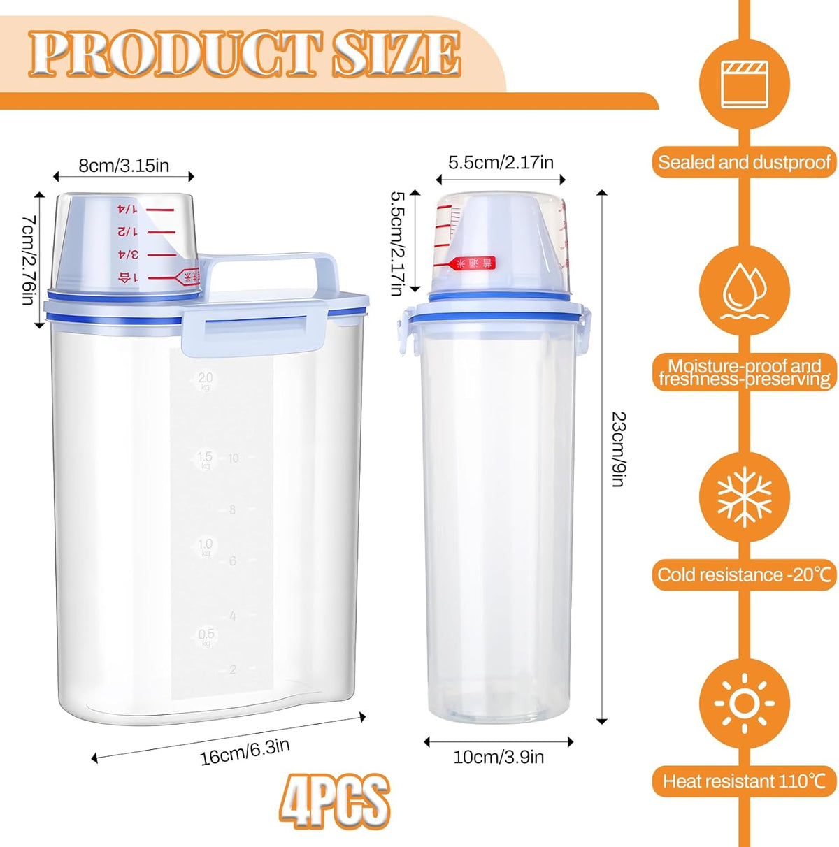 SHENLIU 4 Pcs 5.5Lbs Rice Dispenser Storage Containers, Rice Container with Measuring Cup & Pour Spout, Kitchen Plastic Airtight Container for Cereal, Grain, Flour, Sugar, Oatmeal, Dry Pet Dog Food