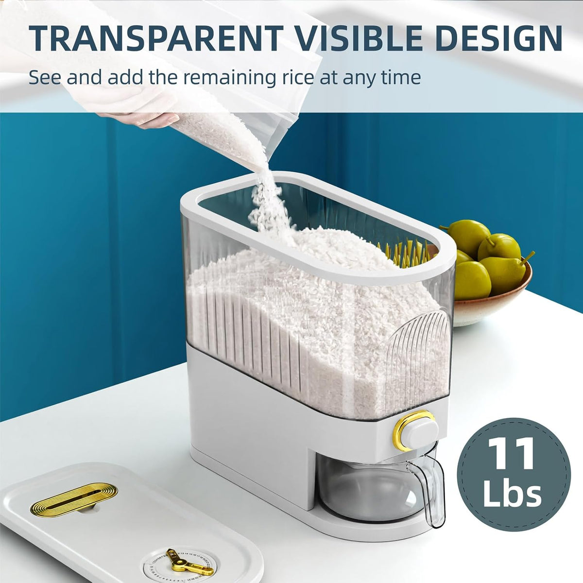 VenDotbi Rice Dispenser, 22-25 Lbs Rice Container with Measuring Cup, Upgraded Built-in Fresh Box, Cereal Dispenser Storage with Lids for Home Kitchen Pantry Rice Soybean Corn-Grey