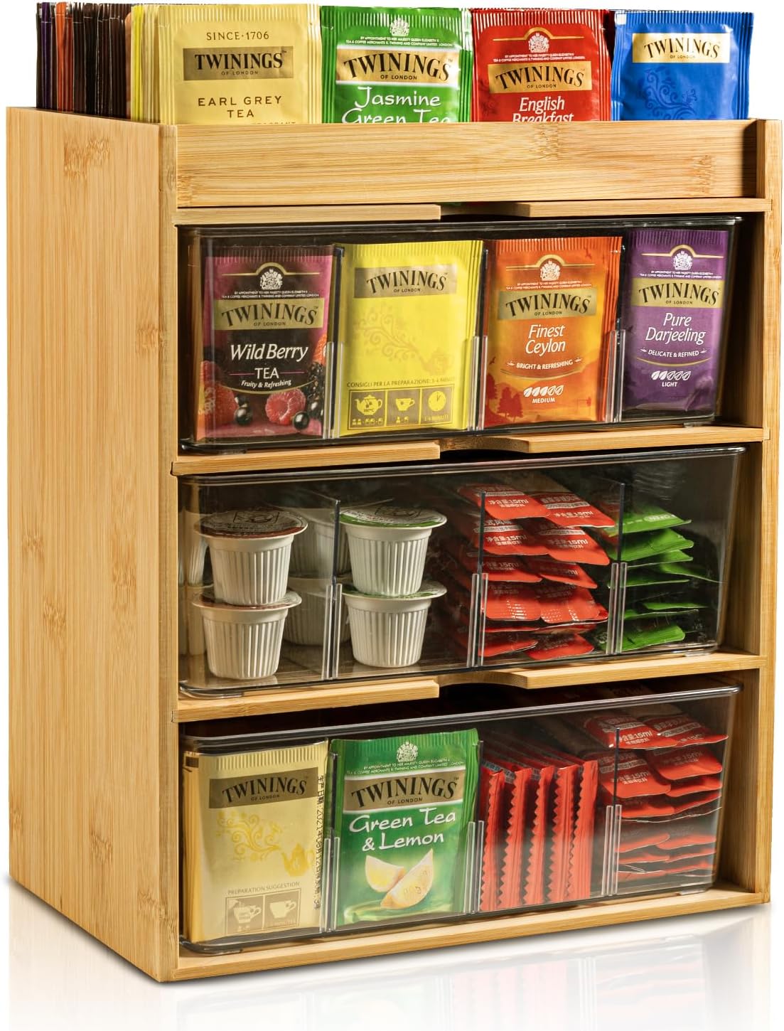 TIMIEEYA Tea Bag Organizer - Bamboo Tea Storage Organizer With Drawer 2 Layer, Tea Organizer for Tea Bags Natural Wood & Acrylic for Countertop Office Kitchen Cabinet Pantry