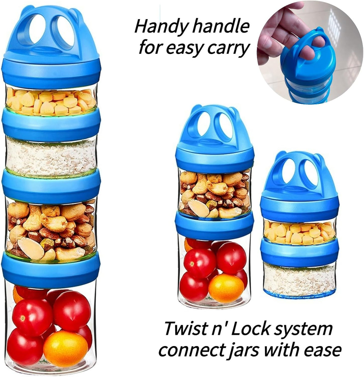 SELEWARE Portable Stackable Food Storage Containers for Snacks Formula Powder and Drinks Twist Lock System Airtight Leak-proof BPA and Phthalate Free 4 Piece Jars 31oz Blue
