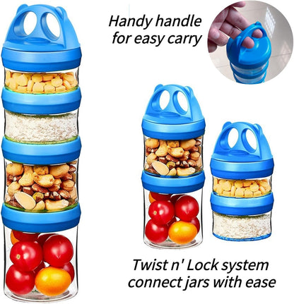 SELEWARE Portable Stackable Food Storage Containers for Snacks Formula Powder and Drinks Twist Lock System Airtight Leak-proof BPA and Phthalate Free 4 Piece Jars 31oz Blue