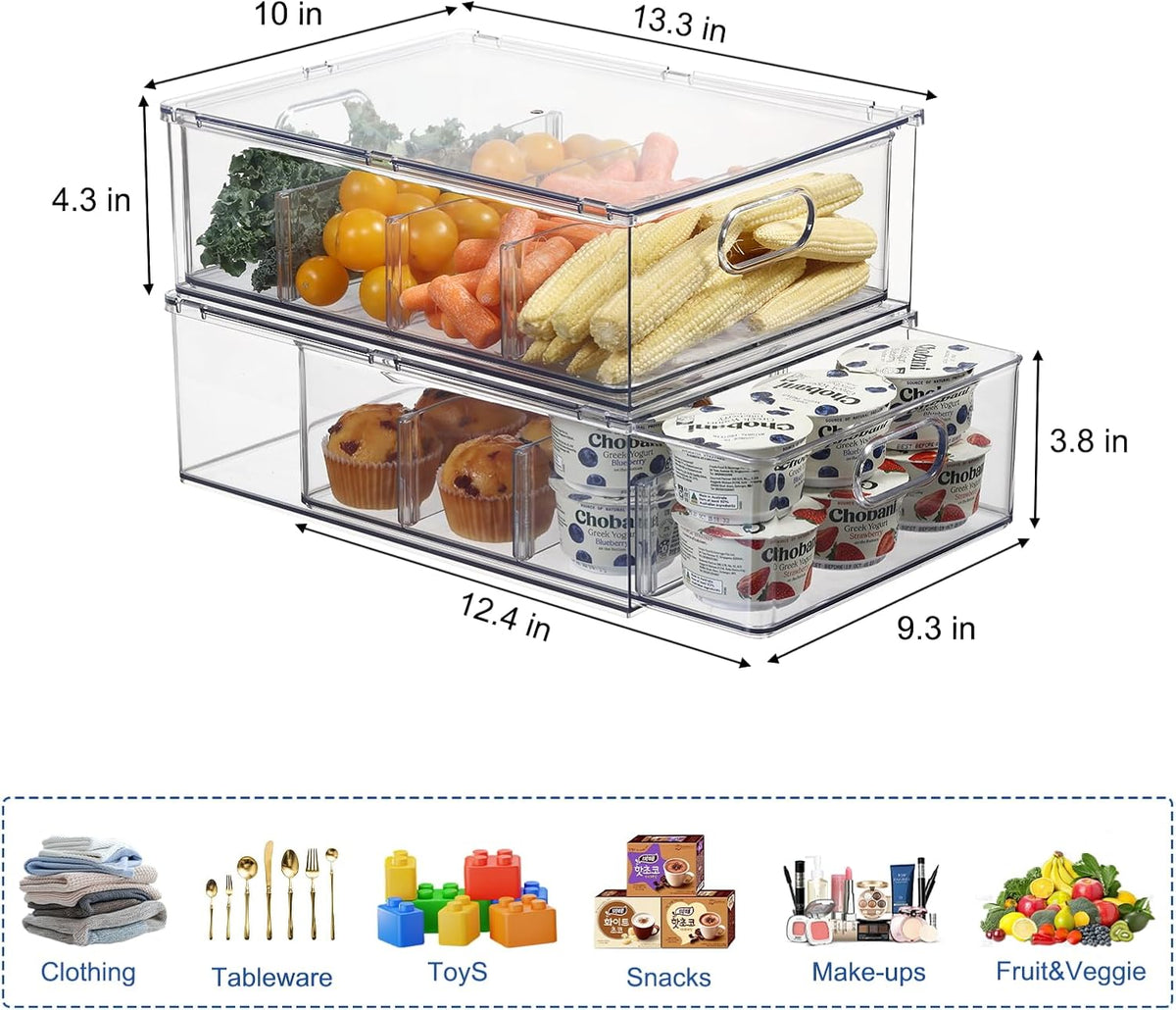 Fridge Drawer Pull Out Stackable Bins, Clear Refrigerator Stackable Organizers, Fridge Organizer Storage for Kitchen, Pantry, Vegetables, Fruits (2 Small + 1 Large)