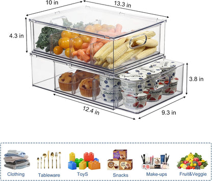 Fridge Drawer Pull Out Stackable Bins, Clear Refrigerator Stackable Organizers, Fridge Organizer Storage for Kitchen, Pantry, Vegetables, Fruits (2 Small + 1 Large)