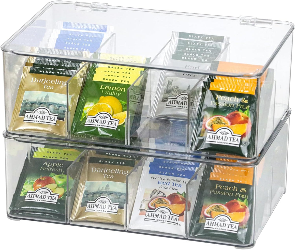 ZEXALOR Plastic Clear Storage Containers, Set of 2 Tea Bag Organizer Boxes 8 Compartments with Lids, Underwear Tie Drawer Organizer, Dresser Organizer (10.8×7×3.7")