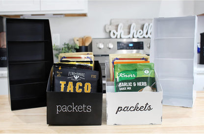 AuldHome Design Enamelware Food Packet Organizers (2-Pack, Black), Modern Farmhouse Pantry Organization Divided Compartment Bins for Mixes and Spice Packets