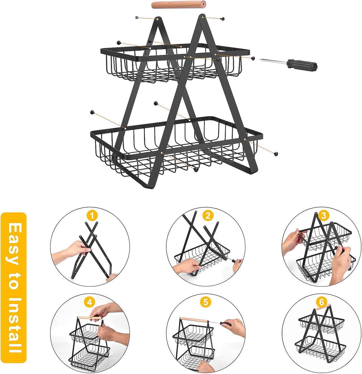 mahueeol 2 Tier Countertop Fruit Basket,Portable Fruit Bowle for Kitchen Organizer Storage & Dining Room Fruits Vegetable Bread Snacks, Detachable Metal Rectangle Basket Storage