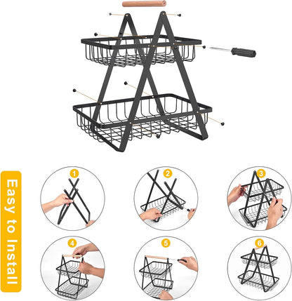 mahueeol 2 Tier Countertop Fruit Basket,Portable Fruit Bowle for Kitchen Organizer Storage & Dining Room Fruits Vegetable Bread Snacks, Detachable Metal Rectangle Basket Storage