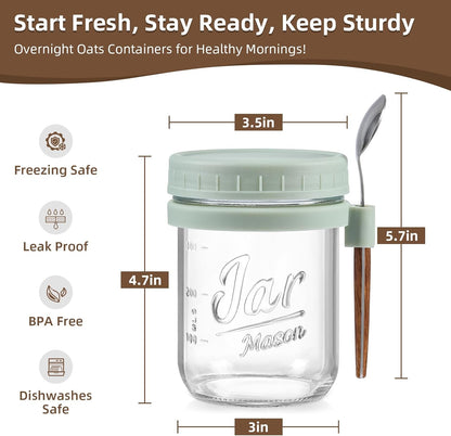 4 Pack Overnight Oats Containers with Lids and Spoons, 16 oz Glass Mason Jars with Airtight Lids, Overnight Oats Jars for Milk, Cereal, Fruit