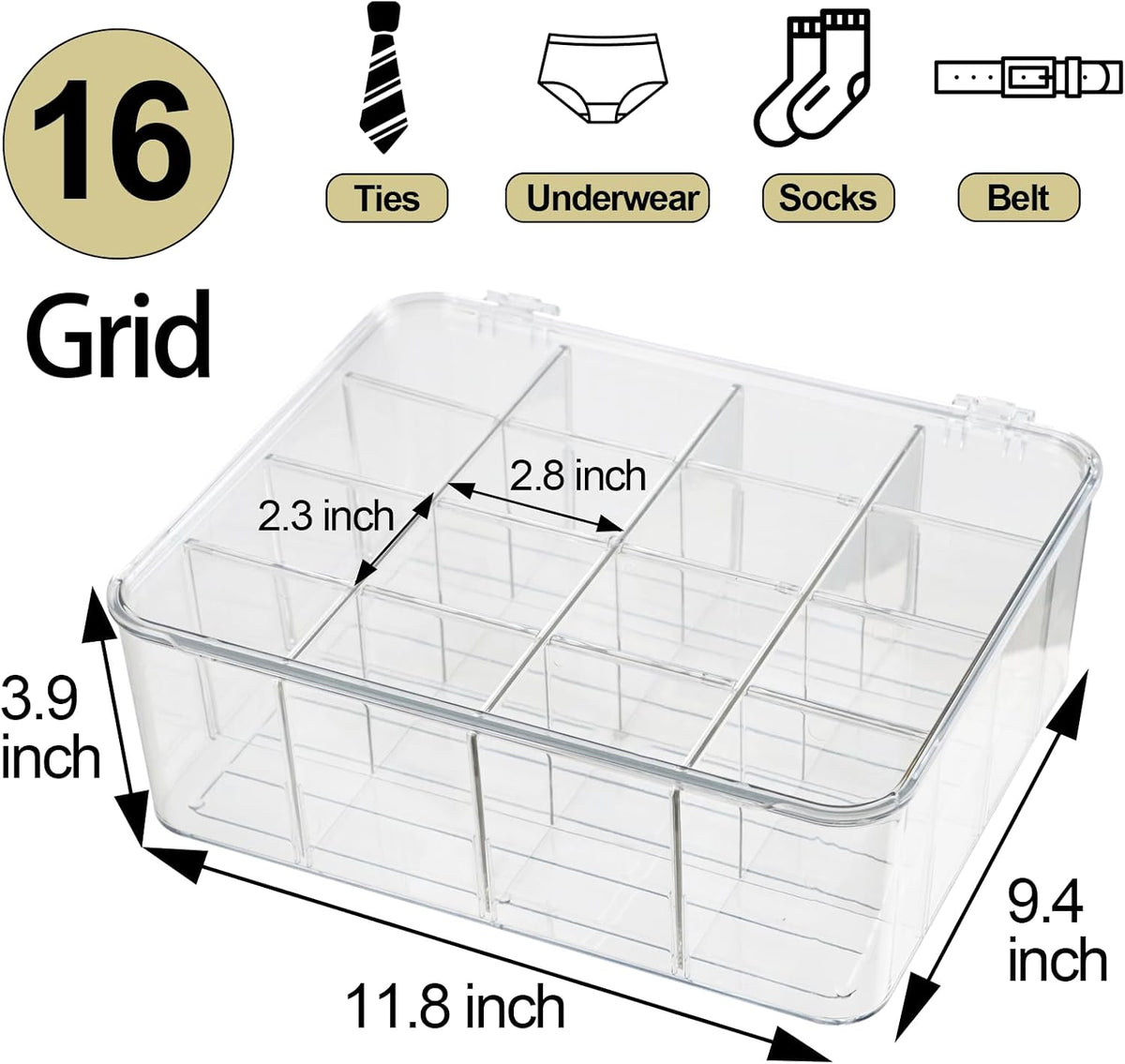ZEXALOR Plastic Clear Storage Containers, Set of 2 Tea Bag Organizer Boxes 8 Compartments with Lids, Underwear Tie Drawer Organizer, Dresser Organizer (10.8×7×3.7")