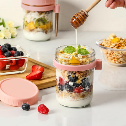 4 Pack Overnight Oats Containers with Lids and Spoons, 16 oz Glass Mason Jars with Airtight Lids, Overnight Oats Jars for Milk, Cereal, Fruit