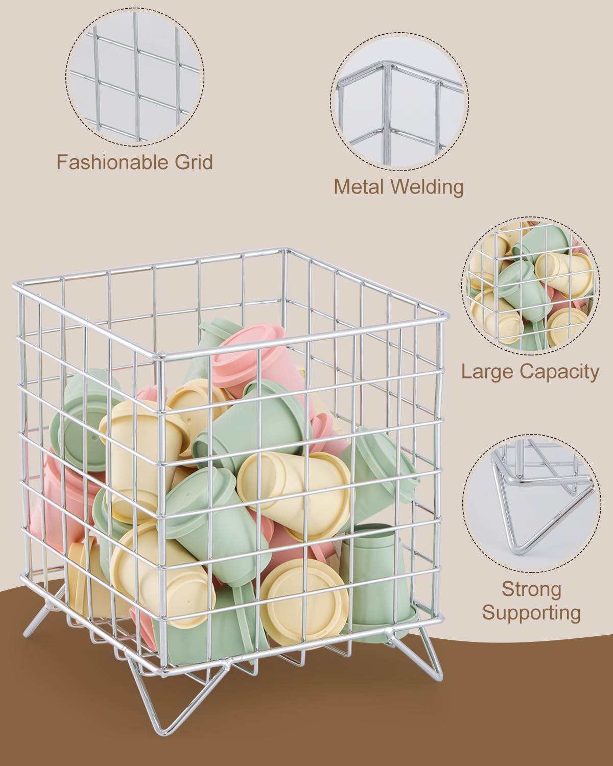 FantasyLife K Cup Holder Organizer, 5.3" x 5.3" x 6.3" Coffee Pod Storage Basket, Coffee Bar Accessories Metal Basket, Large Capacity Countertop Organizer for Kitchen Counter & Office Desktop (Gold)