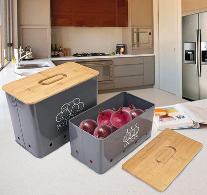 Potato and Onion Storage Bin Set of 2, Vented Metal Vegetable Storage with Wooden Lids, Farmhouse Kitchen Canisters for Countertop Pantry Organizer, Potato Bin Onion Holder for Produce Storage, Black
