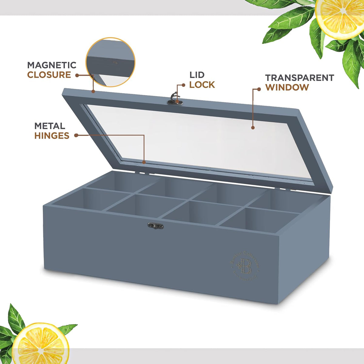 Tea Bag Organizer with Drawer - Bamboo Tea Box Organizer, 8-Compartment Tea Storage Box with Acrylic Lid and Magnetic Closure, Tea Box for Kitchen Counter, Gifts for Mom, Wife, Tea Lovers