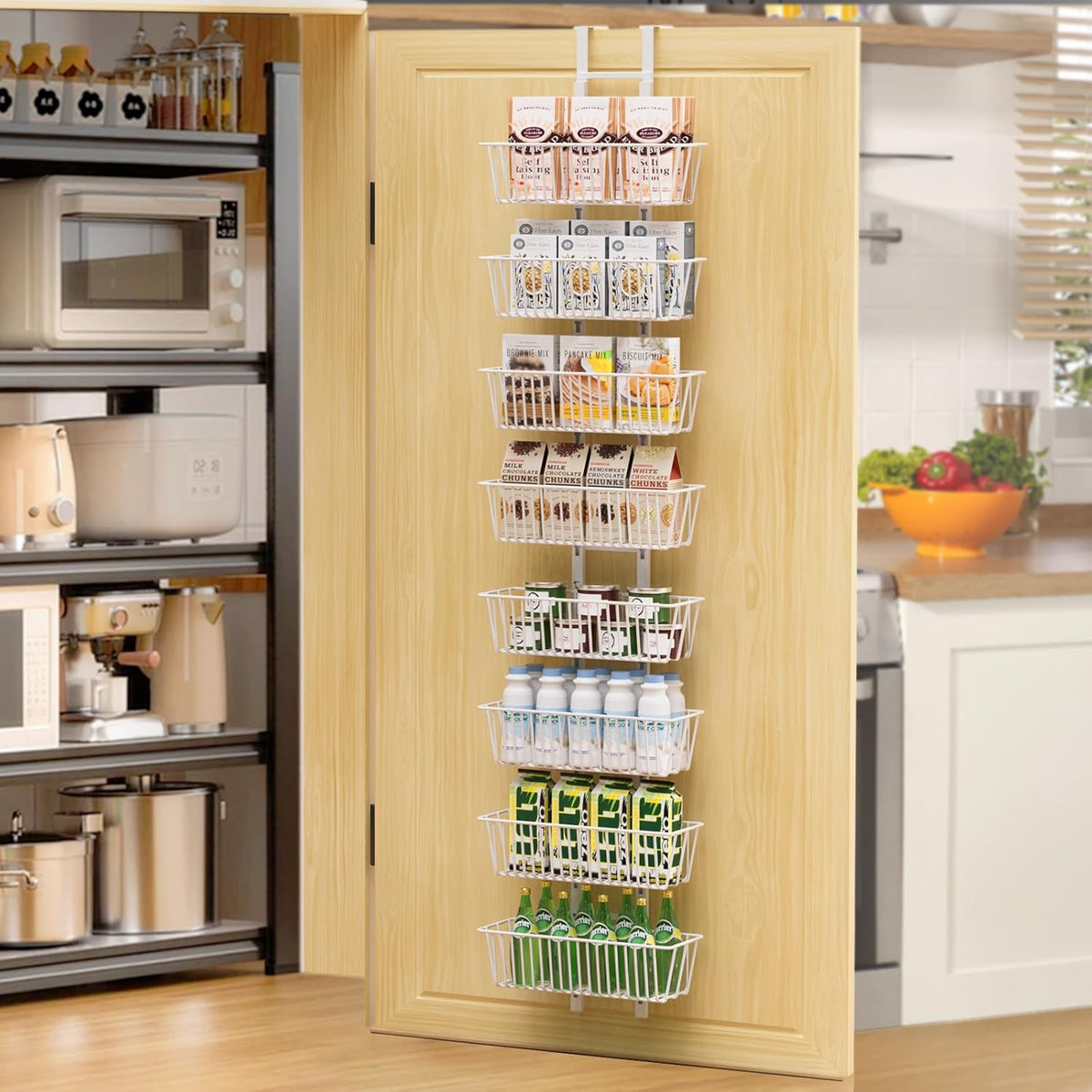 10 Tier Over the Door Pantry Organizer, Over the Door Spice Rack with Adjustable Baskets, Metal Hanging Door Pantry Organizers and Storage for Kitchen Bathroom Bedroom, White
