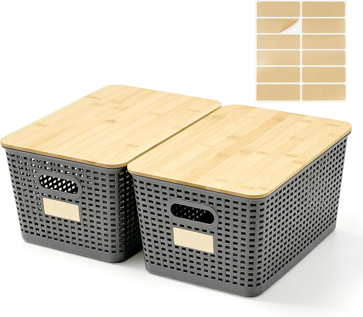 Bagnizer Small Plastic Storage Bins with Bamboo Lids 5.2qt Stackable Box Basket Pantry Decorative Containers Cute with Labels for Organizing Desktop Closet Office Cream White of 10*7.2*4.1"