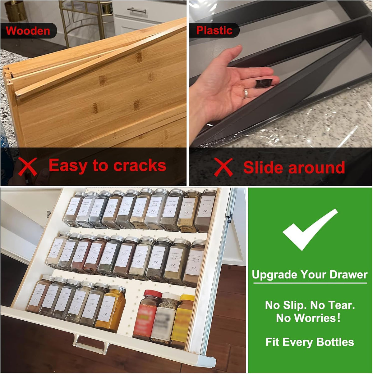 Gosmol Spice Drawer Organizer insert, Adjustable & Non-Slip Silicone Spice Drawer Liner, in Drawer Spice Organizer for Seasoning Jars and Spices Bottles -Grey