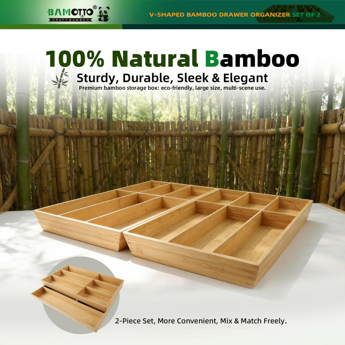 BAMOTTO CRAFTBAMBOO Stack Bamboo Drawer Organizer Set of 5, Kitchen Utensil, Flatware&Silverware Organizer-Wood Laminated Stackable for Kitchen, Bedroom, 13.4''x4.5''*2+10.2''x3.3''*2+10.2''x6.7''*1