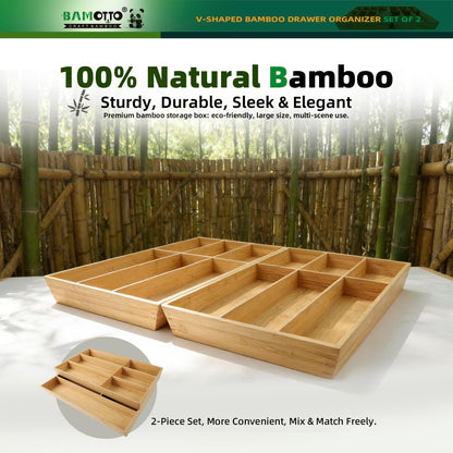 BAMOTTO CRAFTBAMBOO Stack Bamboo Drawer Organizer Set of 5, Kitchen Utensil, Flatware&Silverware Organizer-Wood Laminated Stackable for Kitchen, Bedroom, 13.4''x4.5''*2+10.2''x3.3''*2+10.2''x6.7''*1