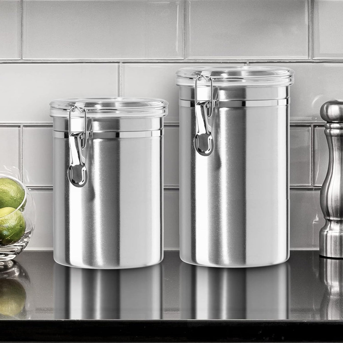 Oggi Stainless Steel Kitchen Canister 152 fl oz - Airtight Clamp Lid, Clear See-Thru Top - Ideal for Kitchen Storage, Food Storage, Pantry Storage. Jumbo Size 8" x 8".