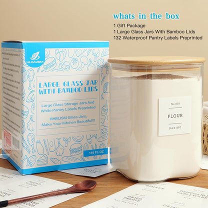 HHMJSM Large Glass Storage Jars With Airtight Bamboo Lid - 100 Fl Oz Thicken Kitchen Glass Food Storage Canister With 42 Pantry Labels - Big Clear Flour And Sugar Containers Farmhouse