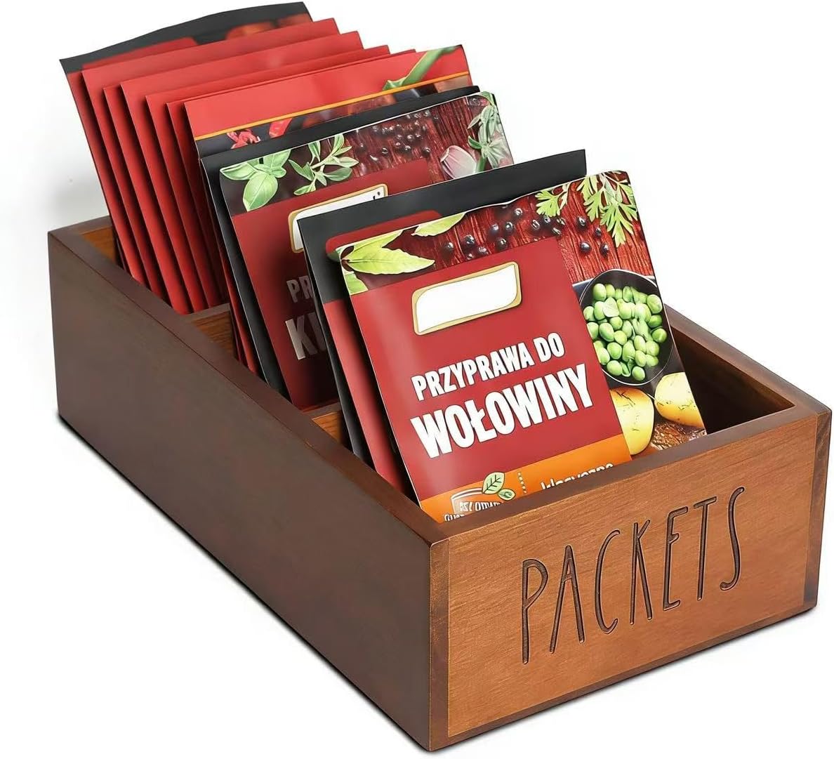 LBEMEY Packet Organizer, Acacia Wood Packet Storage Organizer with 3 Compartments,Farmhouse Kitchen Organization for Spice, Gravy, Taco, and Dressings Packets for Kitchen, Brown Labeled Packets
