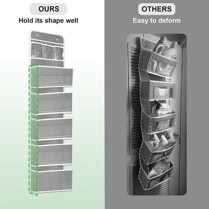 Over The Door Organizer with LifetimeWarranty, 4 Shelves & 4 Side Pockets, Large Storage Rack Holds 44lb, Heavy-Duty Reinforced Mesh Shelf for Bathroom, Closet, Toy Organization, Shoes, Towels, Grey