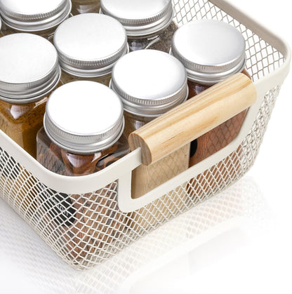 Noamus 3 Pack Metal Mesh Baskets with Wood Handle, Iron Storage Organizer Basket, Cream White Wire Countertop Baskets for Organizing, Cabinet Pantry Closet Bedroom Kitchen(3 Size)