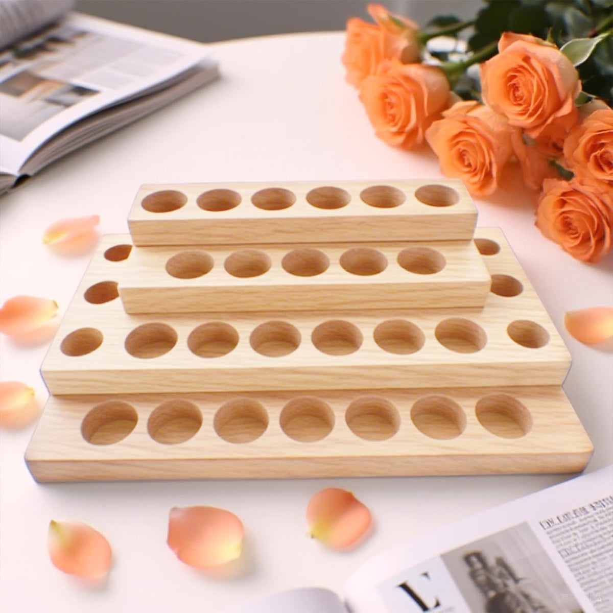 Essential Oil Display Stand 4 Tier Essential Oil Holder Solid Wood Essential Oil Rack for 24 Bottles Tabletop Display Holder Bottle Organizer for 5-20ml Bottles Display for Essential Oils