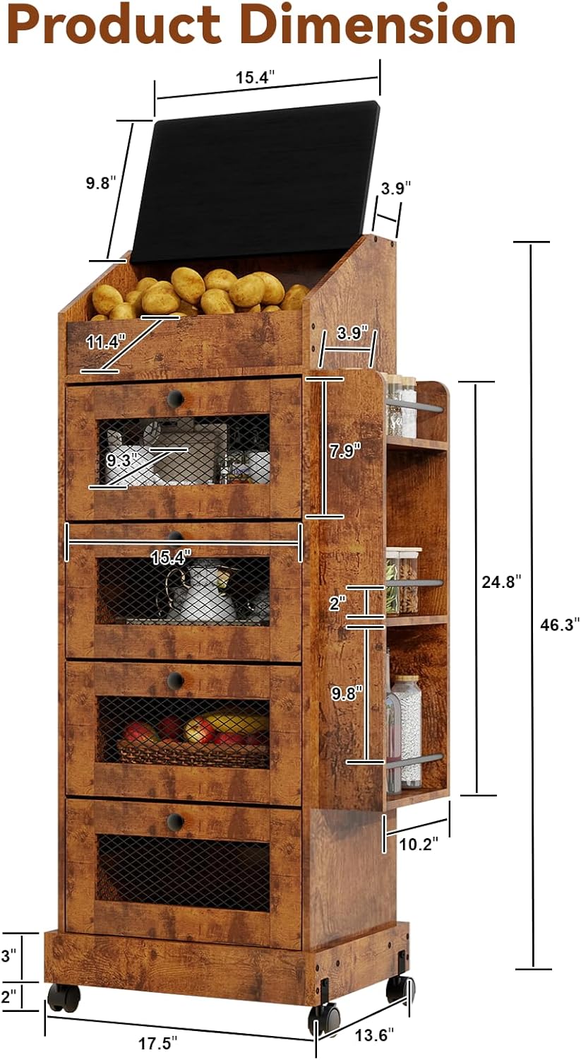 ARTETHYS Potato and Onion Storage Bin for Pantry 5-Tier Rolling Fruit and Vegetable Organizer with Spice Rack on Wheels Movable Large Bread Box Cabinet with 4 Ventilated Drawers for Kitchen, Rustic