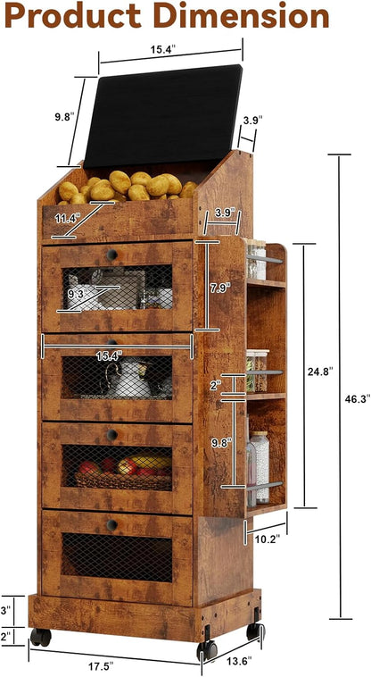 ARTETHYS Potato and Onion Storage Bin for Pantry 5-Tier Rolling Fruit and Vegetable Organizer with Spice Rack on Wheels Movable Large Bread Box Cabinet with 4 Ventilated Drawers for Kitchen, Rustic