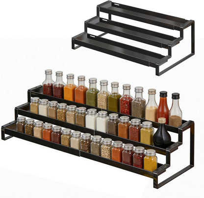 3 Tier Expandable Spice Rack Organizer, Heavy-Duty Black Metal Seasoning Organization Shelf for Cabinet, Kitchen & Pantry, Tiered Spice Shelf With Safety Lock, For Jars & Bottles, Countertop Storage