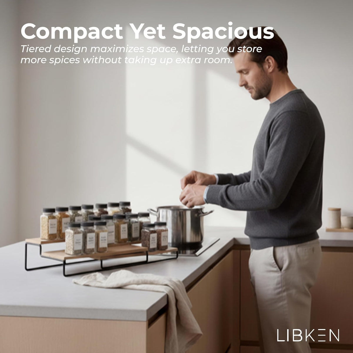 LIBKEN Tiered Spice Rack Organizer – Warm Gray Metal Countertop & Cabinet Spice Stand, Strong & Sturdy 3-Tier Shelf for Kitchen, Pantry, Seasoning Bottles – Minimal Scandinavian Design