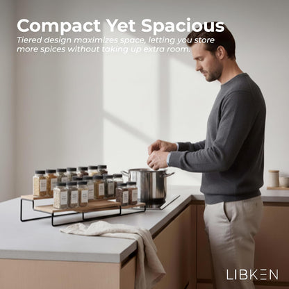 LIBKEN Tiered Spice Rack Organizer – Warm Gray Metal Countertop & Cabinet Spice Stand, Strong & Sturdy 3-Tier Shelf for Kitchen, Pantry, Seasoning Bottles – Minimal Scandinavian Design