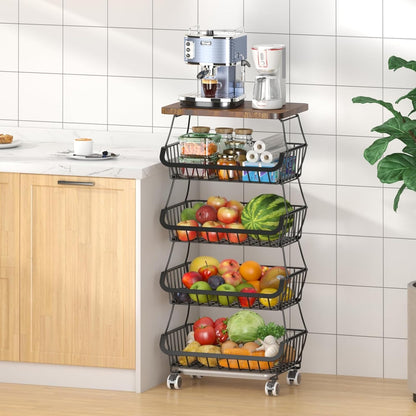 CHLORYARD Fruit Basket with Wooden Lid for Kitchen, 4-Tier Stackable Wire Fruit Vegetable Storage Basket Organizer Stand on Wheel, Produce Basket Potato Onion Storage Bins Rack Cart for Pantry