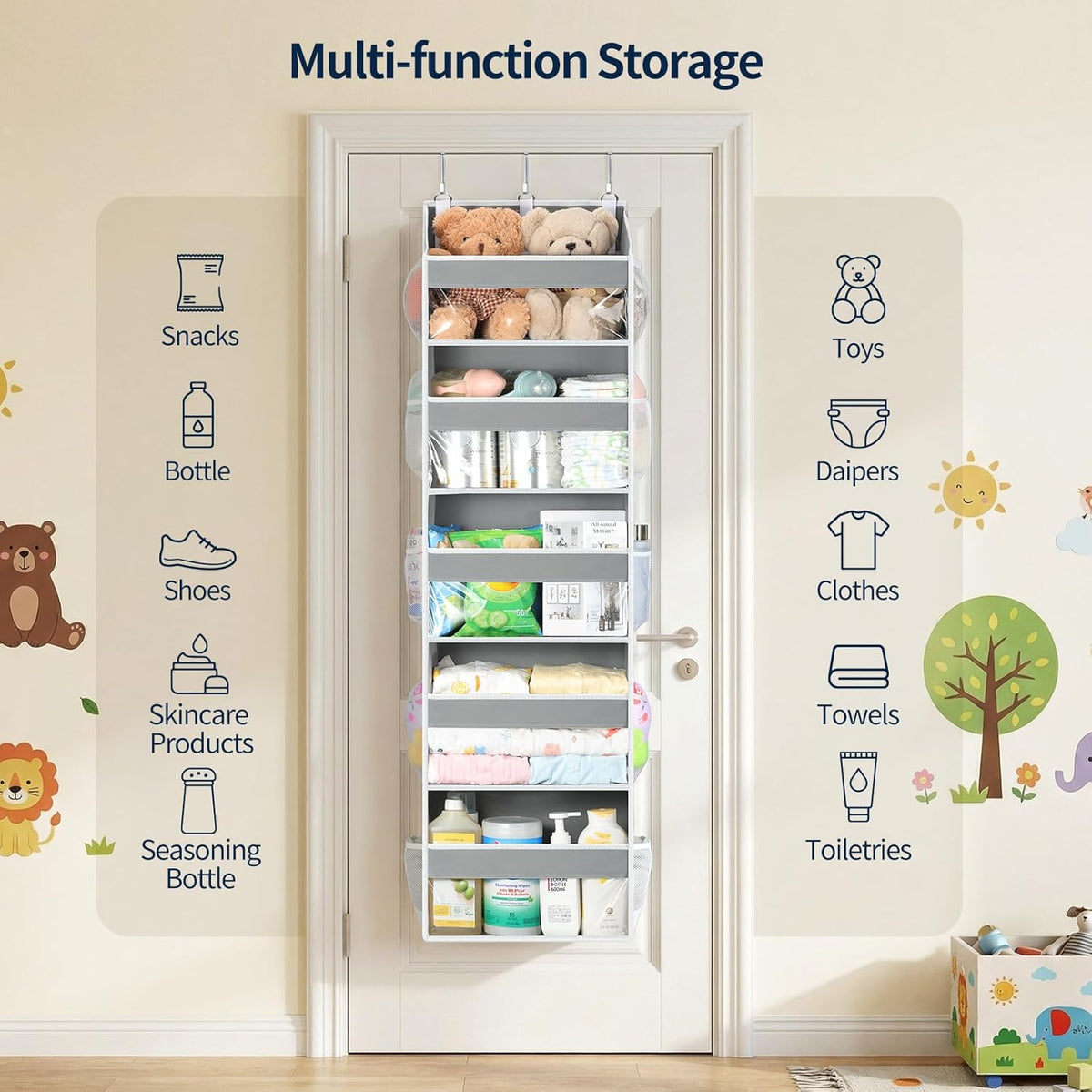 Yecaye Over the Door Organizer 5 Tiers, Heavy Duty Hanging Storage with 5 Large Clear PVC Pockets and 10 Side Pockets, 56lbs Capacity for Closet Door Bathroom Bedroom Nursery Dorm Laundry Room, Grey