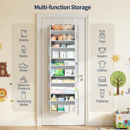 Yecaye Over the Door Organizer 5 Tiers, Heavy Duty Hanging Storage with 5 Large Clear PVC Pockets and 10 Side Pockets, 56lbs Capacity for Closet Door Bathroom Bedroom Nursery Dorm Laundry Room, Grey