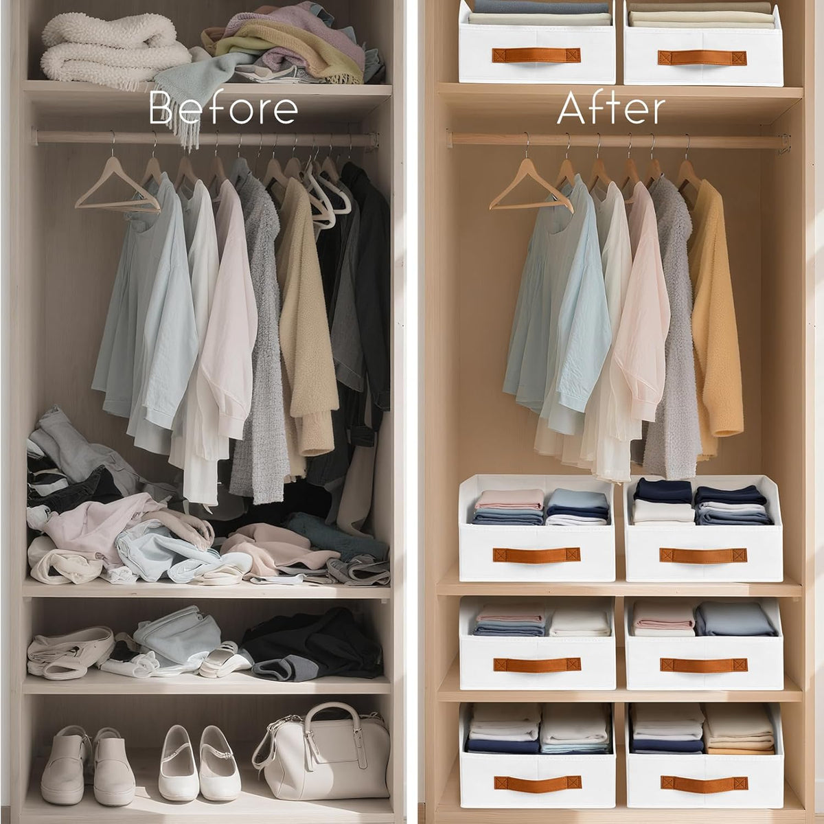 Homsorout Fabric Storage Bins for Organizing - Large Trapezoid Collapsible Storage Bins with Front Handle, Closet Organizers and Storage for Bedroom, Home Shelves, Small Spaces, Beige